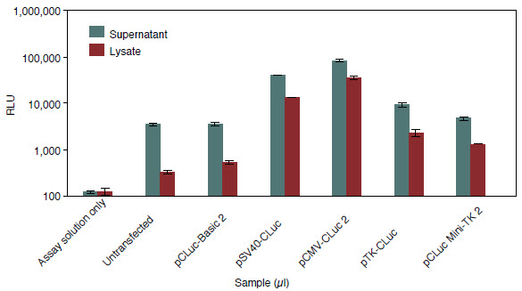 Figure 1: Cypridina Luciferase (CLuc) activity obtained from different CLuc plasmids
