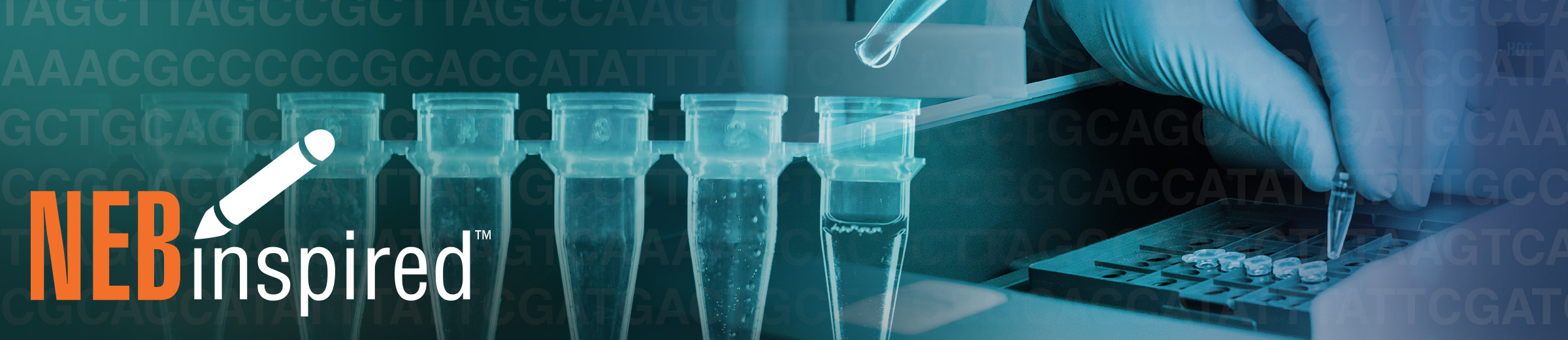 NEB inspired logo, microfuge tubes, pipette tip, scientists gloved hand