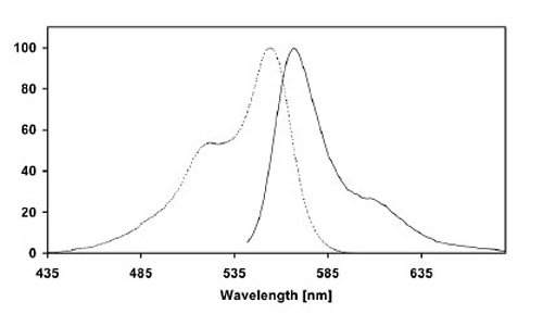 Figure 2: Excitation (dotted line) and emission (full line) spectra of CLIP-Surface 547 coupled to CLIP-tag in buffer at pH 7.5