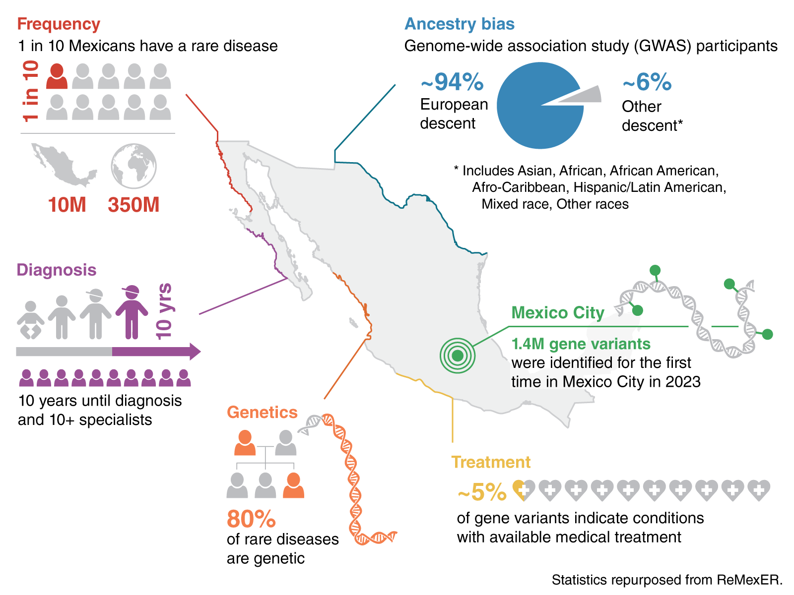 Silhouette of Mexico with statistics repurposed from ReMexER. 1 in 10 Mexicans have a rare disease, leading to 10 million people impacted in Mexico and 350 million worldwide. It takes 10 years and 10+ specialists until diagnosis. 80% of rare diseases are genetic. Of genome-wide association study (GWAS) participants, roughly 94% are of European descent. 1.4 million gene variants were identified for the first time in Mexico City in 2023. Approximately 5% of these gene variants indicate conditions with available medical treatment.