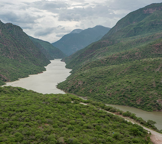 Aerial photograph of tree-covered mountains and river