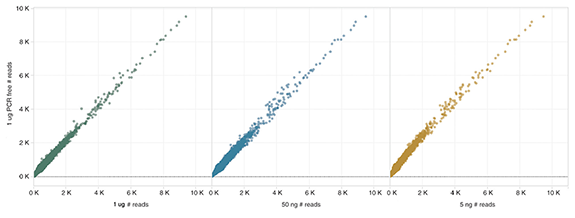 Read depth correlation shows consistent high coverage for 5 ng - 1 µg input amounts