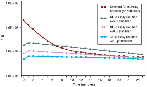 Figure 2: GLuc kinetics using the BioLux GLuc Assay Kit in either standard or stabilized assay.